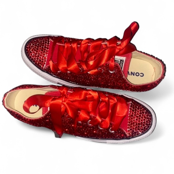 All Red Siam Luxe Crystal Red Low Top Converse Sizes 5-14 With Ribbon Laces New - Picture 4 of 15
